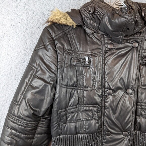 BKE Buckle Puffer Jacket Faux Fur Hood Coat Women's Size Small Black - Picture 2 of 9
